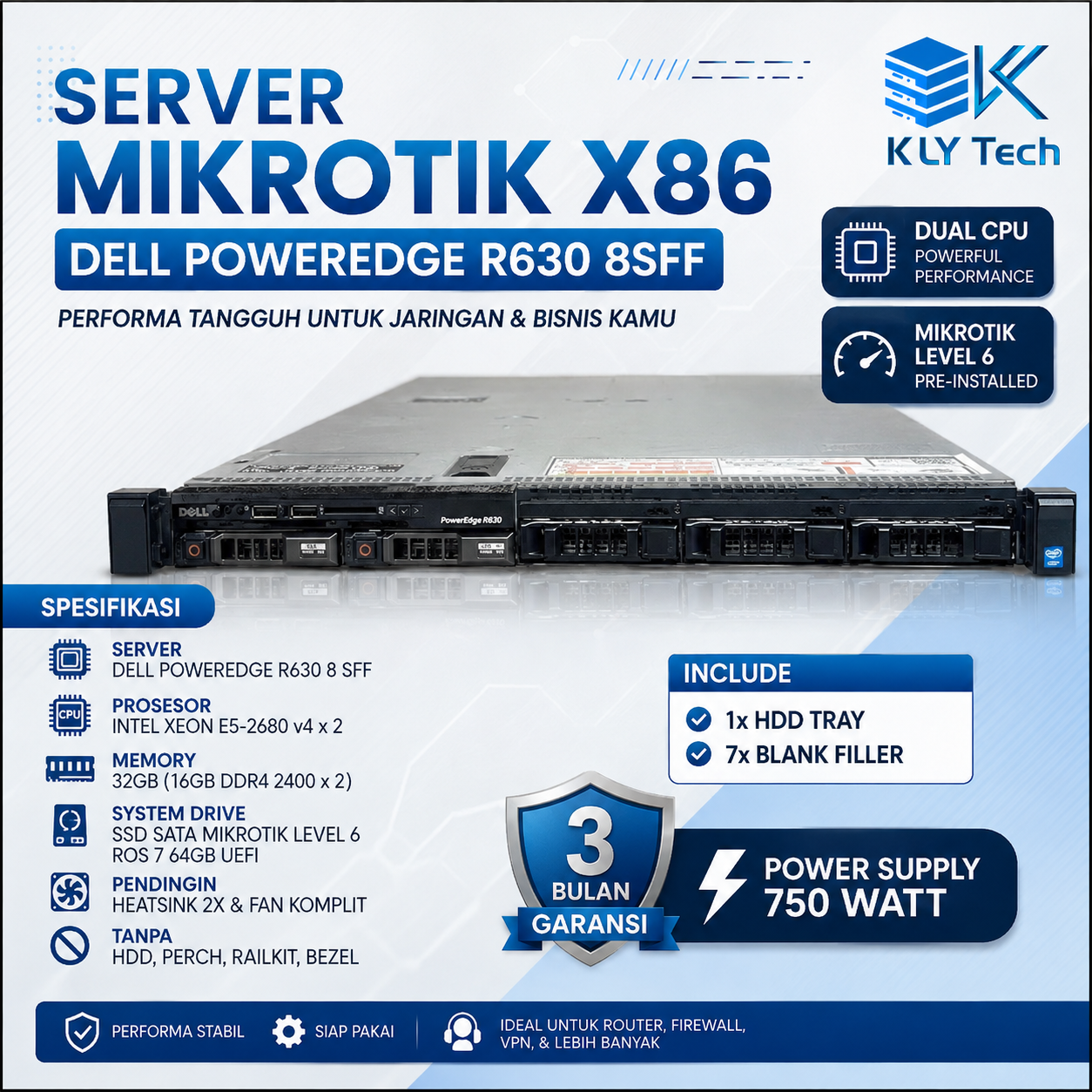 Server MikroTik x86 Dell R630 8SFF Dual Xeon E5-2680 V4 32GB RAM SSD 64GB RouterOS Level 6