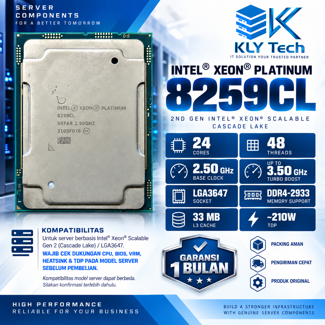 Intel Xeon Platinum 8259CL 24 Core 48 Thread 2.5GHz LGA3647 Server CPU