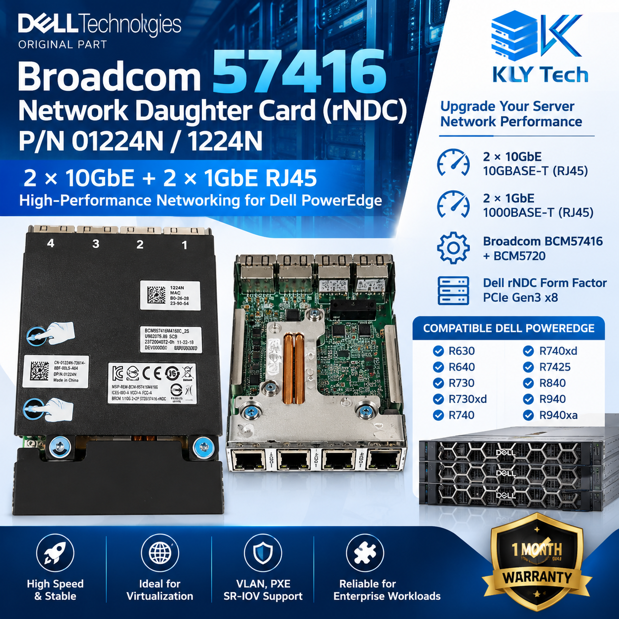 Dell Broadcom 57416 rNDC P/N 01224N 1224N 2x10GbE + 2x1GbE RJ45 Network Card